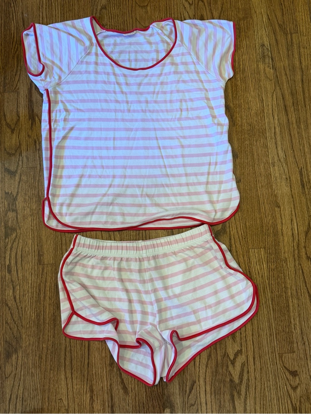 Lake Pink & White stripe Pajama Set with Red Trim small